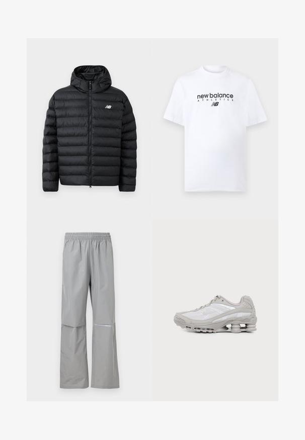 Schwarze Daunenjacke mit Kapuze, Frontreißverschluss, gestepptem Design und New Balance-Logo auf der linken Brust. Glattes, leichtes Material.; Weißes Baumwoll-T-Shirt mit Rundhalsausschnitt, versehen mit einem schwarzen "new balance"-Logo und dem Schriftzug "ATHLETICS" mittig auf der Vorderseite. Kurze Ärmel, normale Passform.; Hellgraue wasserdichte Regenhose mit elastischem Bund und reflektierendem Streifen am rechten Bein, für den Außeneinsatz konzipiert.; Grauer und weißer Sportschuh mit sichtbarer Luftpolstersohle und Mesh-Einsätzen, im Profil auf einfachem hellem Hintergrund gezeigt.