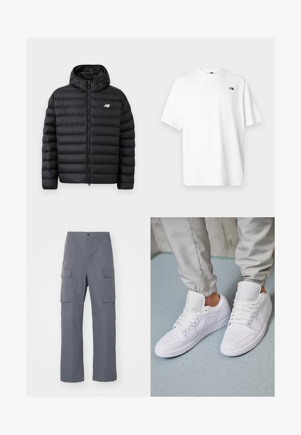 Schwarze Daunenjacke mit Kapuze, Frontreißverschluss, gestepptem Design und New Balance-Logo auf der linken Brust. Glattes, leichtes Material.; Weißes Baumwoll-T-Shirt mit kurzen Ärmeln und V-Ausschnitt, mit einem kleinen schwarzen Logo auf der oberen linken Seite. Weiche Textur, lockere Passform.; Grau Cargo-Hosen aus strapazierfähigem Stoff. Zu den Merkmalen gehören ein elastischer Bund, zwei große Seitentaschen und ein gerader Schnitt.; Weiße Ledersneaker mit perforierter Zehenbox, flachen Schnürsenkeln, gepolstertem Kragen und dem Jordan-Logo auf der Zunge. Getragen mit grauen Jogginghosen.