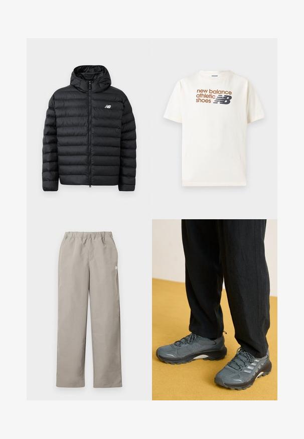 Chaqueta de plumas negra con capucha, con cierre frontal de cremallera, textura acolchada y logo de New Balance en el lado izquierdo del pecho. Material suave y ligero.; Camiseta blanca de manga corta con texto marrón "new balance athletic shoes" y logo negro de New Balance centrado en el pecho.; Pantalones beige de corte recto con cinturilla elástica y un pequeño logo blanco en la costura lateral derecha.; Zapatillas deportivas de malla gris y sintético con una suela prominente, acentos reflectantes y diseño de cordones, combinadas con pantalones negros holgados.