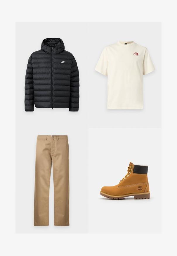 Musthave puffer-jakk mustaga kapuutsiga, millel on lukuga eesmine osa, tikitud tekstuur ja New Balance logo vasakul rinnal. Sile ja kerge materjal.; Lühikeste varrukatega helevalge T-särk vasakul rinnal burgundi „The North Face“ logoga, ümara kaelusega, lihtsa disainiga.; Tan chinos valmistatud siledast puuvillakangast, millel on klassikaline sirge sääremuster, esimesed taskud ja üks tagumine tasku.; Pruun nahast pahkluu saabas metallist silmadega, valge karvane vooder, must pehmendatud krae, robustne tallal ja küljes reljeefne logo.