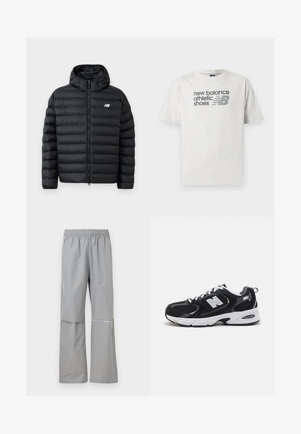 Schwarze Daunenjacke mit Kapuze, Frontreißverschluss, gestepptem Design und New Balance-Logo auf der linken Brust. Glattes, leichtes Material.; Hellgraues T-Shirt mit kurzen Ärmeln mit dem Schriftzug „new balance athletic shoes“ und einem stilisierten „NB“-Logo in Dunkelgrau auf der Brust.; Hellgraue wasserdichte Regenhose mit elastischem Bund und reflektierendem Streifen am rechten Bein, für den Außeneinsatz konzipiert.; Schwarze und graue Sportschuhe mit Obermaterial aus Mesh und Wildleder, ausgestattet mit einer weißen Zwischensohle, Schnürsenkeln und einem markanten "N"-Logo an der Seite.