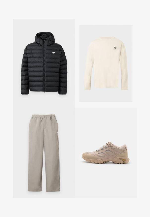 Sort forlængelsesjakke med hætte, med lynlås foran, quilted struktur og New Balance-logo på venstre bryst. Glat, let materiale.; Langærmet off-white rundhalset skjorte med et lille sort rektangulært logo på venstre bryst.; Beige bukser med lige ben, elastisk talje og en lille hvid logo på højre sidesøm.; Beige sportsko med en tekstureret mesh-overdel, syntetisk overlay og en Vibram-sål. Har snøresystem og detaljer på sidepanelet.