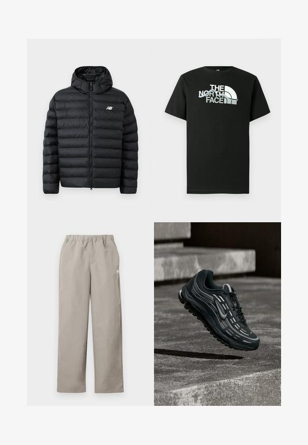 Chaqueta de plumas negra con capucha, con cierre frontal de cremallera, textura acolchada y logo de New Balance en el lado izquierdo del pecho. Material suave y ligero.; Camiseta negra de algodón con un diseño de logo impreso en blanco y gris, mangas cortas y cuello redondo.; Pantalones beige de corte recto con cinturilla elástica y un pequeño logo blanco en la costura lateral derecha.; Zapatilla Nike Air Max negra y gris flotando sobre escalones de hormigón gris con fondo de suelo texturizado.