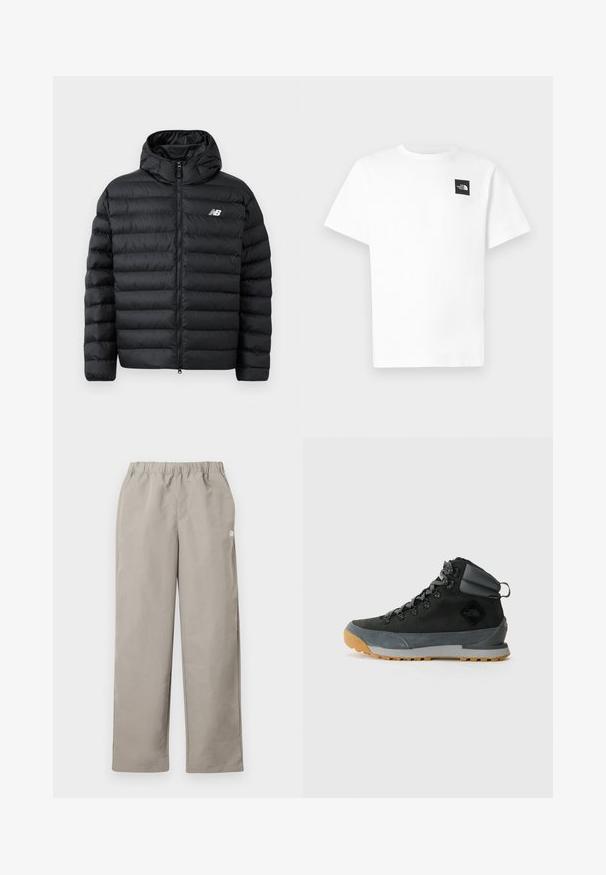 Sort forlængelsesjakke med hætte, med lynlås foran, quilted struktur og New Balance-logo på venstre bryst. Glat, let materiale.; Hvid bomulds-T-shirt med korte ærmer, der har et sort firkantet logo på venstre bryst og rund halsudskæring.; Beige bukser med lige ben, elastisk talje og en lille hvid logo på højre sidesøm.; Sorte højtop støvler til vandring lavet af tekstureret ruskind og syntetiske materialer, med grå accenter, robust gummisåle og grå snørebånd.