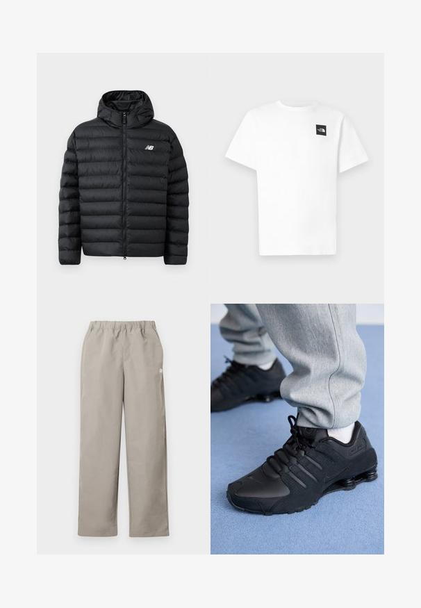 Schwarze Daunenjacke mit Kapuze, Frontreißverschluss, gestepptem Design und New Balance-Logo auf der linken Brust. Glattes, leichtes Material.; Weißes Baumwoll-T-Shirt mit kurzen Ärmeln, auf der linken Brust mit einem schwarzen quadratischen Logo und einem Rundhalsausschnitt.; Beige gerade geschnittene Hose mit elastischem Bund und kleinem weißem Logo an der rechten Seitennaht.; Person in schwarzen Nike Shox Sneakers und grauen Jogginghosen, der auf einem hellblauen Teppich steht.