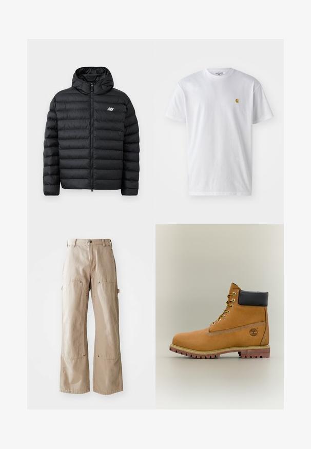 Sort forlængelsesjakke med hætte, med lynlås foran, quilted struktur og New Balance-logo på venstre bryst. Glat, let materiale.; Hvid bomulds t-shirt med korte ærmer, rund hals og et lille guld logo på venstre brystområde. Blød tekstur og almindelig pasform.; Beige vide bukser lavet af slidstærkt bomuldsstof. Har for- og sidelommer, synlig syning og metaldetaljer ved lommerne.; Brun læderankelstøvle med sort krave, gule snørebånd og tanfarvet sål. Har logo og hvide syninger som detalje. Robust ydersål med greb.