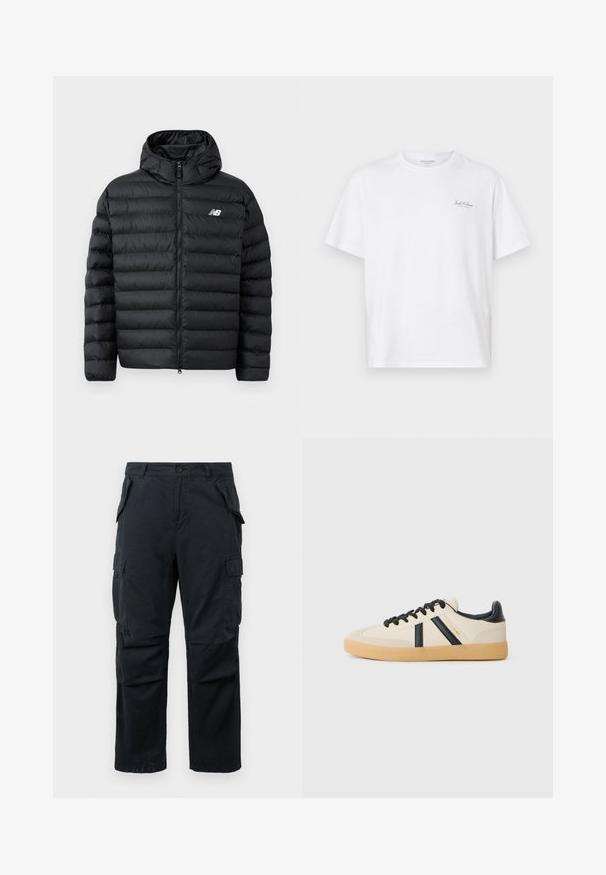 Chaqueta de plumas negra con capucha, con cierre frontal de cremallera, textura acolchada y logo de New Balance en el lado izquierdo del pecho. Material suave y ligero.; Camiseta blanca de manga corta hecha de algodón, con cuello redondo y un pequeño logotipo en la parte izquierda del pecho. Textura suave, corte casual.; Pantalones cargo negros hechos de un tejido duradero, con múltiples bolsillos laterales, diseño de pierna recta y un cierre de botón en la cintura.; Zapatillas casuales en crema con rayas negras, con parte superior texturizada y suela de goma. Los cordones son negros. Logo sutil en el costado.