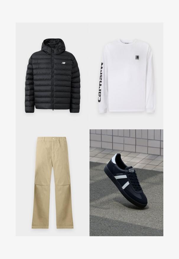 Zwarte pufferjack met capuchon, met een ritssluiting aan de voorkant, gequiltde textuur en het New Balance-logo op de linkerborst. Glad, lichtgewicht materiaal.; Witte lange mouwen t-shirt van katoen, met een kleine zwarte logopatch op de borst en gedurfde zwarte tekst langs de linker mouw.; Beige rechte broek met drukknoopsluiting, riemlussen en kniestiknaden, plat gelegd op een witte achtergrond.; Zwarte leren sneaker met witte strepen, een gestructureerde rubberen zool en vetersluiting aan de voorkant. Voorzien van een merklabel op de tong.