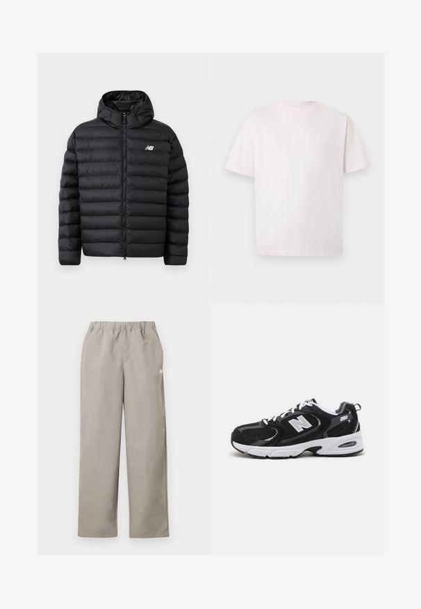 Sort forlængelsesjakke med hætte, med lynlås foran, quilted struktur og New Balance-logo på venstre bryst. Glat, let materiale.; Enkelt lys pink t-shirt med korte ærmer og rund hals, med en lille hvid logo på venstre bryst, vist på en grå baggrund.; Beige bukser med lige ben, elastisk talje og en lille hvid logo på højre sidesøm.; Sorte og grå sportssko med mesh og ruskind på overdelen, der har en hvid mellemsål, snørebånd og et iøjnefaldende "N" logo på siden.
