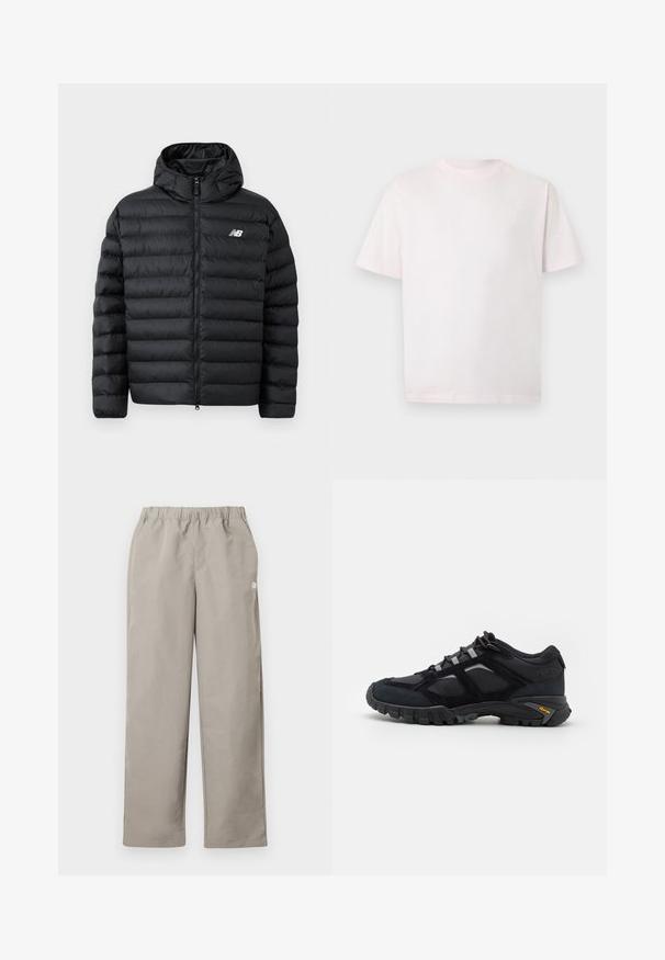 Schwarze Daunenjacke mit Kapuze, Frontreißverschluss, gestepptem Design und New Balance-Logo auf der linken Brust. Glattes, leichtes Material.; Schlichtes hellrosa T-Shirt mit kurzen Ärmeln und Rundhalsausschnitt, mit kleinem weißem Logo auf der linken Brust, vor grauem Hintergrund präsentiert.; Beige gerade geschnittene Hose mit elastischem Bund und kleinem weißem Logo an der rechten Seitennaht.; Schwarzer Outdoor-Schuh aus Wildleder und Mesh mit robuster Sohle. Verfügt über graue Akzente und Vibram-Branding an der Seite. Schnürdesign.