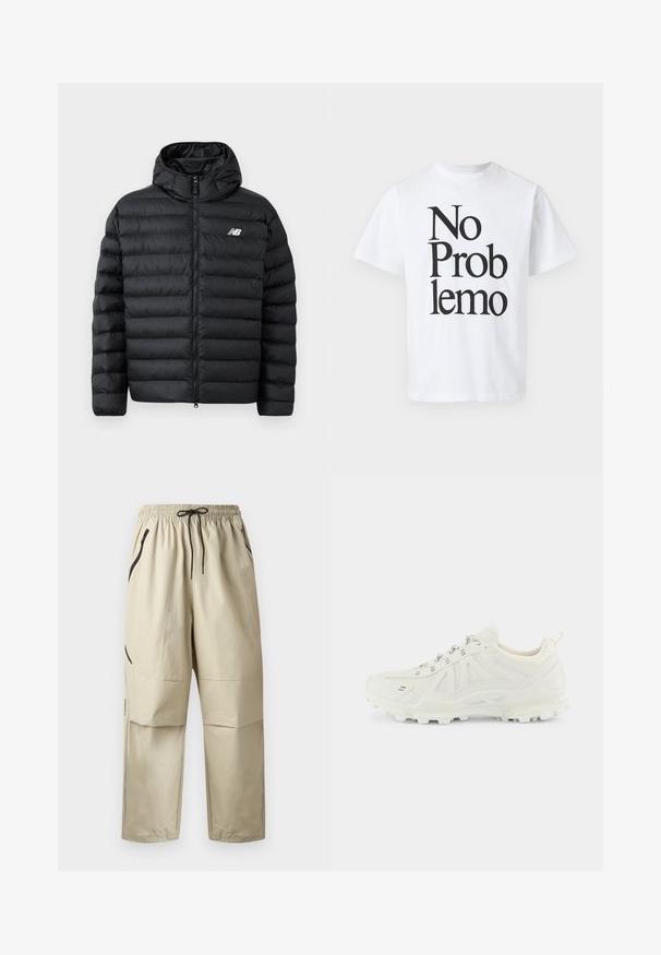Zwarte pufferjack met capuchon, met een ritssluiting aan de voorkant, gequiltde textuur en het New Balance-logo op de linkerborst. Glad, lichtgewicht materiaal.; Witte katoenen T-shirt met zwarte tekst "No Problemo" in verschillende lettergroottes. Klassiek crew neck ontwerp met korte mouwen.; Beige lichte broek met elastische tailleband, zwarte trekkoorden en ritszakken aan de zijkant, voorkant zichtbaar tegen een effen achtergrond.; Witte sportieve schoen met een bovenwerk van mesh, een gestructureerde zool en opvallende panelen. Voorzien van metallic veters en een gevoerde kraag voor comfort.