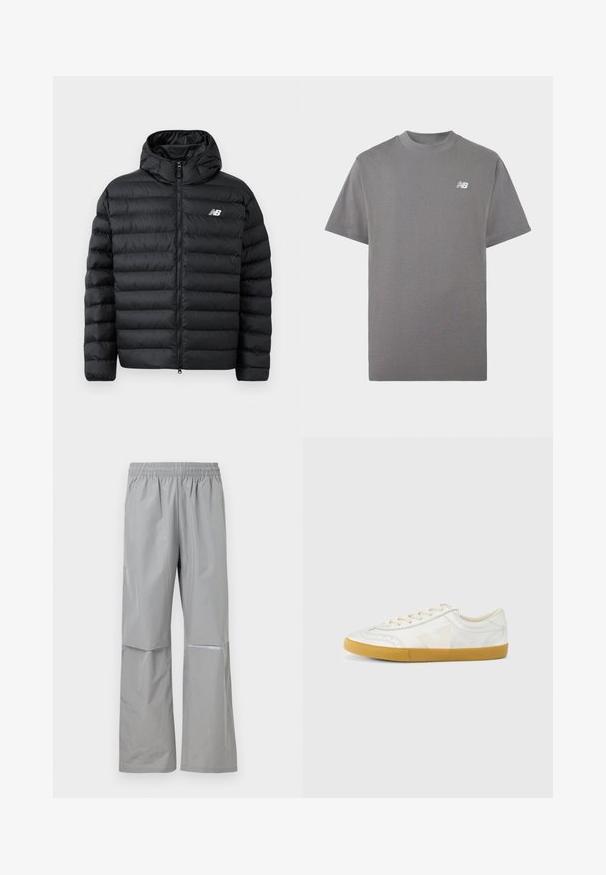 Zwarte pufferjack met capuchon, met een ritssluiting aan de voorkant, gequiltde textuur en het New Balance-logo op de linkerborst. Glad, lichtgewicht materiaal.; Grijs T-shirt met korte mouwen en ronde hals, met een klein wit New Balance-logo op de linkerborst tegen een effen achtergrond.; Lichtgrijze waterdichte regenbroek met elastische tailleband en reflecterende strip aan de rechterpijp, ontworpen voor buitengebruik.; Witte leren sneaker met een gladde textuur, voorzien van een beige 'V' logo, ronde neus, vetersluiting en een zool van gumrubber.