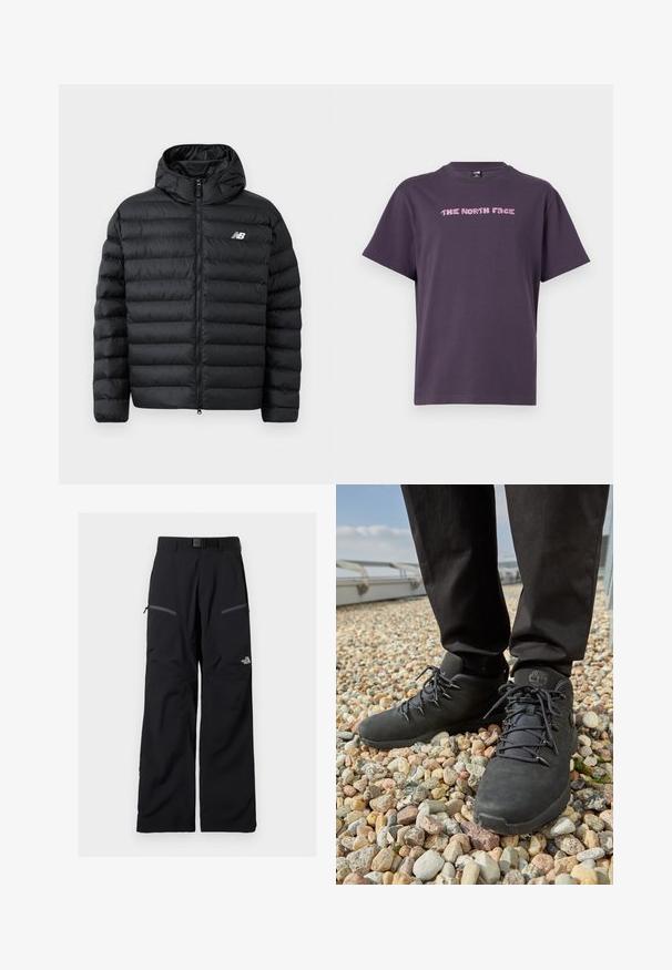 Schwarze Daunenjacke mit Kapuze, Frontreißverschluss, gestepptem Design und New Balance-Logo auf der linken Brust. Glattes, leichtes Material.; Dunkellila T-Shirt mit kurzen Ärmeln und Rundhalsausschnitt, mit pinkfarbenem, pixeligem Text "THE NORTH FACE" auf der Brust.; Schwarze Outdoor-Hose mit verstellbarem Gürtel, zwei Reißverschlusstaschen an den Oberschenkeln und The North Face-Logo am rechten Bein.; Schwarze Wanderschuhe aus strukturiertem Leder, mit robusten Schnürsenkeln und einem gepolsterten Knöchelkragen, getragen mit dunklen Hosen auf einem kieseligen Untergrund.