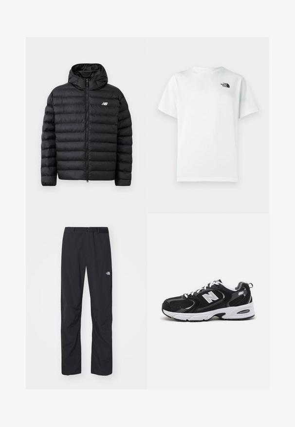 Chaqueta de plumas negra con capucha, con cierre frontal de cremallera, textura acolchada y logo de New Balance en el lado izquierdo del pecho. Material suave y ligero.; Camiseta blanca de algodón con mangas cortas y cuello redondo, con un pequeño logotipo negro en la parte izquierda del pecho. Textura suave.; The North Face ABUKUMA PANT - Pantalones - black; Zapatillas deportivas en negro y gris con parte superior de malla y ante, que cuentan con una entresuela blanca, cordones y un llamativo logo "N" en el lateral.