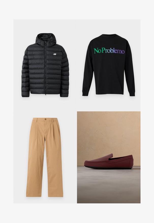 Čierna puffrová bunda s kapucňou, so zapínaním na zips, prešívanou štruktúrou a logom New Balance na ľavej hrudi. Hladký, ľahký materiál.; Čierna košeľa s dlhým rukávom s nápisom "No Problemo" v zeleno-fialovom prechode cez hruď.; Svetlohnedé nohavice s rovnými nohavicami s prednými záhybmi, pútkami na opasok a zapínaním na gombík v páse na jednofarebnom pozadí.; Pánska tmavá červená kožená mokasína s čiernou podrážkou plávajúca nad textúrovaným béžovým kobercom, v pozadí drevený stôl a stohované knihy.
