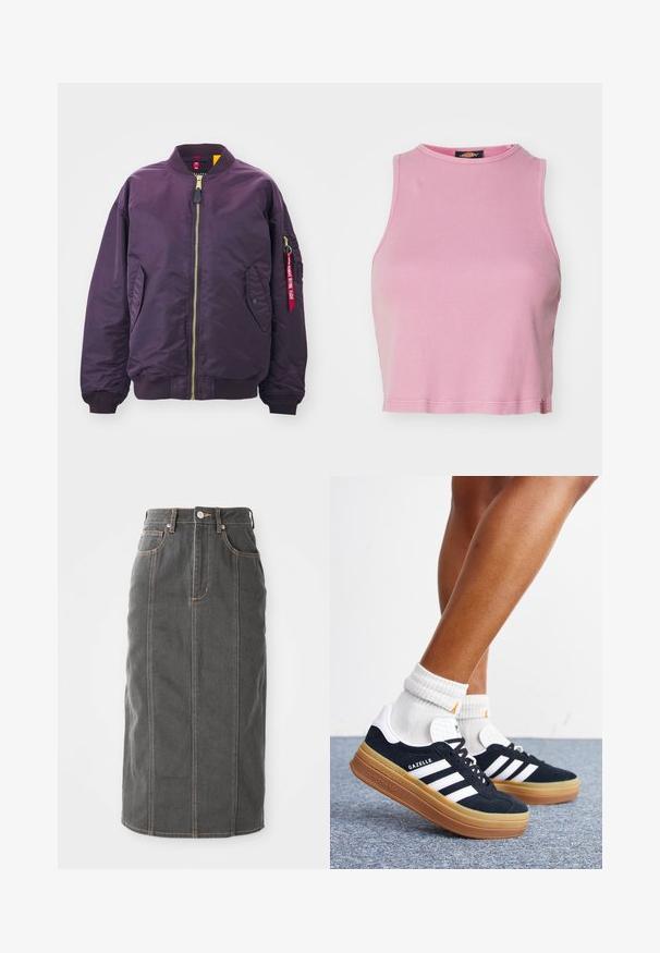 Alpha Industries CORE - Blouson Bomber - plum; Crop top rose à côtes avec un col rond et un design sans manches. Se termine juste au-dessus de la taille.; Jupe midi en denim gris avec une coupe droite, cinq poches et des coutures orange le long des bords. Elle dispose d'une fermeture à boutons sur le devant et de passants de ceinture.; Jambes portant des chaussettes blanches et des baskets Adidas Gazelle noires avec des bandes blanches et des semelles épaisses marron sur un sol recouvert de moquette grise.