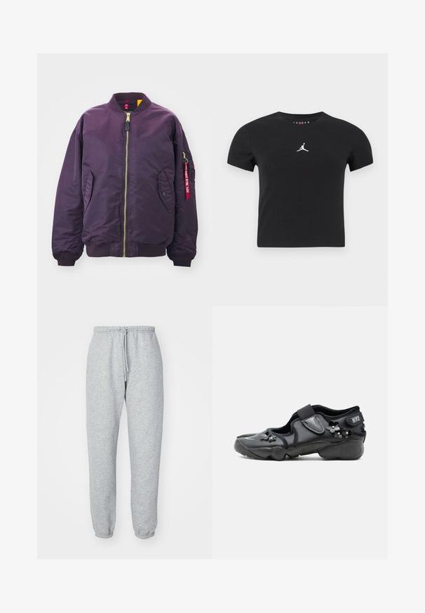 Alpha Industries CORE - Μπουφάν τύπου bomber - plum; Μαύρο κοντομάνικο κομμένο μπλουζάκι με λευκό λογότυπο Jumpman στο κέντρο του στήθους σε απλό φόντο.; Γκρι φόρμες από μαλακό, υφασμάτινο υλικό. Διαθέτουν ελαστική ζώνη με κορδόνι, στενές γάμπες και χωρίς ορατά μοτίβα ή λογότυπα.; Μαύρο παπούτσι Nike Air με λουράκι βέλκρο, διακοσμημένο με μικρές μαύρες ανθισμένες διακοσμήσεις στο πλάι και στο μπροστινό μέρος.