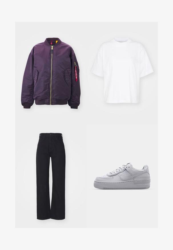 Alpha Industries CORE - Μπουφάν τύπου bomber - plum; Λευκή βαμβακερή μπλούζα με στρογγυλή λαιμόκοψη, κοντά μανίκια και άνετη εφαρμογή. Διαθέτει μια διακριτική λογότυπο στην αριστερή περιοχή του στήθους. Λείος υφή.; Μαύρα τζιν ψηλής μέσης με φαρδύ πόδι, μπροστινό κουμπί και φερμουάρ κλεισίματος, θηλάκια ζώνης και δύο μπροστινές τσέπες σε λευκό φόντο.; Γκρι Nike Air Force 1 αθλητικό παπούτσι με πορώδη μύτη, λεία δερμάτινη επάνω επιφάνεια, χοντρή σόλα και ανάγλυφη λεπτομέρεια 'AIR' στην φτέρνα.
