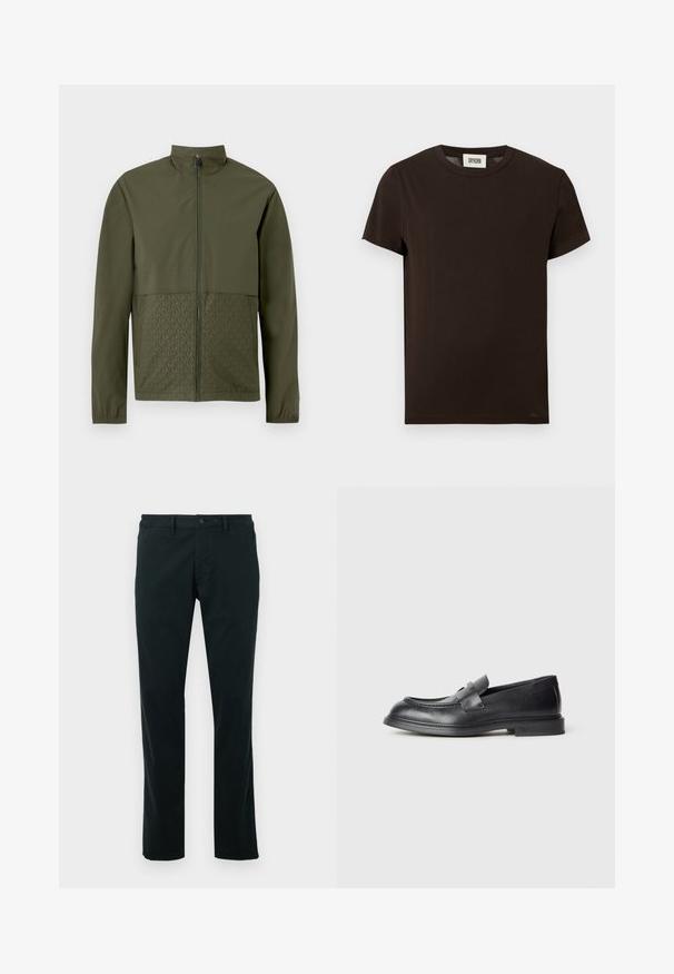 Veste zippée verte olive avec col montant, manches longues, poignets élastiques et motif monogramme "MK" discret sur les panneaux avant inférieurs.; T-shirt marron à manches courtes en coton, avec un col rond et un design simple sans motifs ni accents.; Pantalon noir en tissu lisse et léger. Il présente une coupe droite classique, une fermeture à bouton et des poches à l'avant.; Mocassins en cuir noir avec une finition texturée, dotés d'une bride décorative à l'avant et d'un bout arrondi. Semelle en caoutchouc pour plus de durabilité.