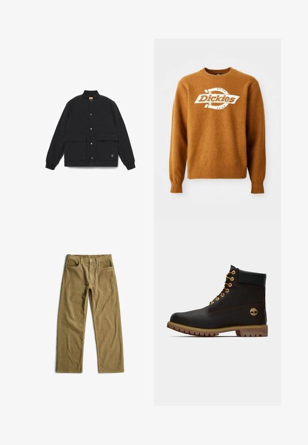 Schwarze gesteppte Jacke mit Stehkragen, zwei Fronttaschen, Druckknopfverschluss und gerippten Bündchen. Verfügt über ein Logo am Saum.; Brauner Strickpullover mit einem weißen "Dickies"-Logo auf der Vorderseite. Klassischer Rundhalsausschnitt und gerippte Bündchen sowie Saum. Weiche Textur.; Cordhosen in einem hellbraunen Farbton, mit geradem Bein, fünf Taschen und einem Frontknopfverschluss mit Reißverschluss.; Schwarze Leder-Ankle-Boots mit goldenen Ösen, braunen Akzenten und einer Gummisohle. Verfügt über einen gepolsterten Schaft und ein geprägtes Logo an der Seite.