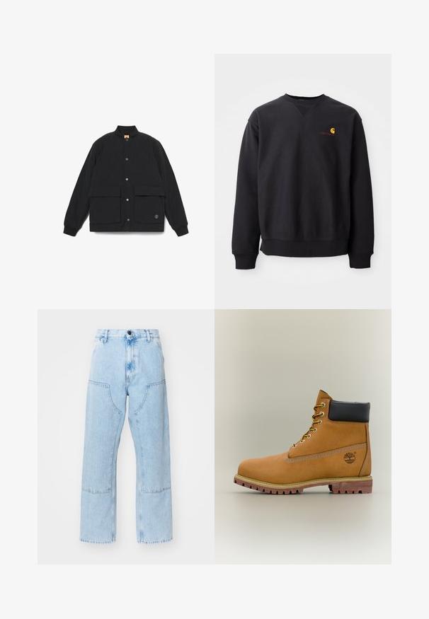 Sort quiltet jakke med ståkrave, to foranlommer, trykknaplukning og ribbede manchetter. Har et logo på kanten.; Sort sweatshirt med rund halsudskæring, lange ærmer og ribbede manchetter. Har et gult og rødt logo på venstre bryst. Lækkert bomuldsstof.; Lyseblå, lige ben denim jeans med store forlommer og kontraststing. Stoffet har en lysnet, blød tekstur.; Brun læderankelstøvle med sort krave, gule snørebånd og tanfarvet sål. Har logo og hvide syninger som detalje. Robust ydersål med greb.