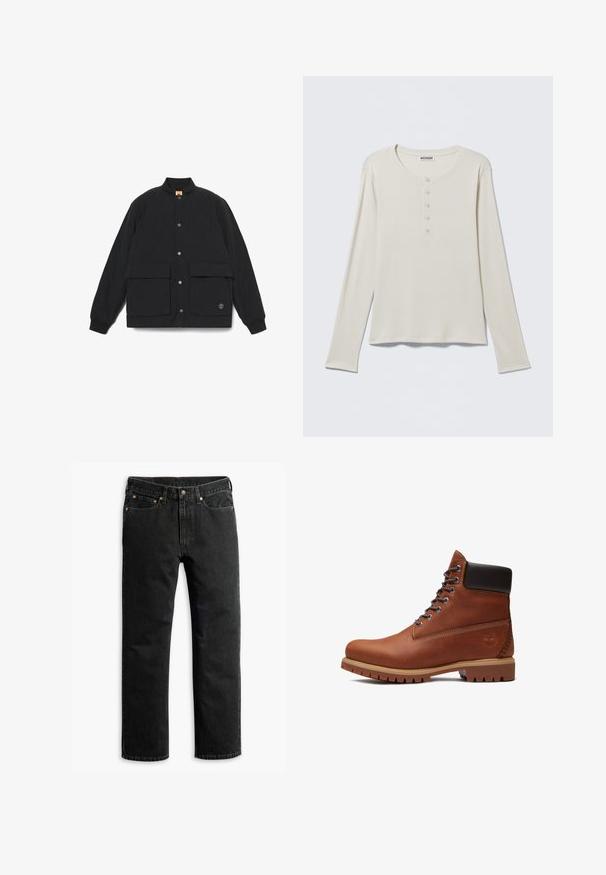 Sort quiltet jakke med ståkrave, to foranlommer, trykknaplukning og ribbede manchetter. Har et logo på kanten.; Langærmet cremefarvet henley-shirt med rund halsudskæring og fem-knaps læg, mærket Weekday, lagt fladt på en neutral baggrund.; Sorte lige ben denim jeans med fem lommer, bæltestropper og en knaplukning i taljen, lagt fladt på en hvid baggrund.; Brun læderstøvle med snørebånd, sort polstret krave, tyk tan sål og præget trælogo på hælsiden.