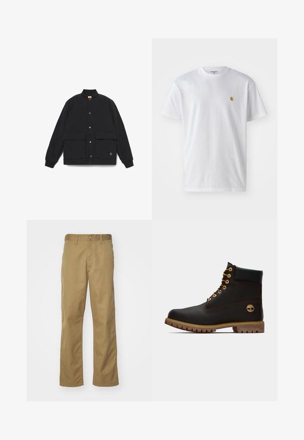 Sort quiltet jakke med ståkrave, to foranlommer, trykknaplukning og ribbede manchetter. Har et logo på kanten.; Hvid bomulds t-shirt med korte ærmer, rund hals og et lille guld logo på venstre brystområde. Blød tekstur og almindelig pasform.; Khaki chinos med lige bendesign, lavet af glat bomuldsstof. Har en knaplukning foran og sidelommer.; Sorte læder ankelstøvle med gyldne øjer, brune detaljer og gummisål. Har en polstret krave og præget logo på siden.