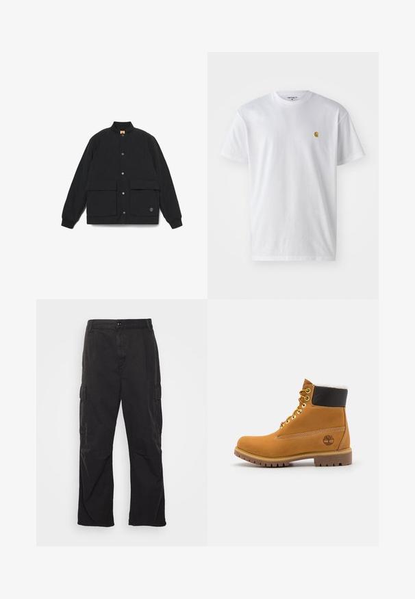 Zwarte gewatteerde jas met een staande kraag, twee voorzakken, drukknopen en geribde manchetten. Heeft een logo op de zoom.; Witte katoenen t-shirt met korte mouwen en ronde hals, voorzien van een klein gouden logo op de linkerkant van de borst. Zachte textuur en een normale pasvorm.; Zwarte cargobroek met een rechte pijpontwerp, voorzien van twee zijzakken, een knoopsluiting en een gestructureerde stof.; Bruine leren enkellaars met metalen oogjes, witte faux bont voering, zwarte gewatteerde kraag, robuuste zool en een reliëflogo aan de zijkant.