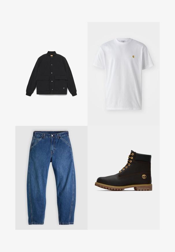 Zwarte gewatteerde jas met een staande kraag, twee voorzakken, drukknopen en geribde manchetten. Heeft een logo op de zoom.; Witte katoenen t-shirt met korte mouwen en ronde hals, voorzien van een klein gouden logo op de linkerkant van de borst. Zachte textuur en een normale pasvorm.; Blauwe spijkerbroek met een ontspannen pasvorm, voorzien van een knoopsluiting, vijf zakken en contrasterende oranje stiksels. Gladde textuur over het hele oppervlak.; Zwarte leren enkellaars met gouden oogjes, bruine accenten en een rubberen zool. Heeft een gevoerde kraag en geperst logo aan de zijkant.
