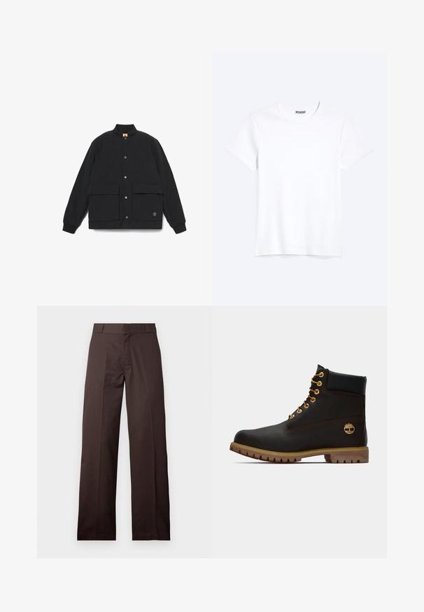 Sort quiltet jakke med ståkrave, to foranlommer, trykknaplukning og ribbede manchetter. Har et logo på kanten.; Enkelt hvid T-shirt med korte ærmer og rund hals med synligt WEEKDAY-mærke i kraven, vist på en lys baggrund.; Brune bukser med lige ben, bæltestropper og lynlås foran, vist mod en ens lys baggrund.; Sorte læder ankelstøvle med gyldne øjer, brune detaljer og gummisål. Har en polstret krave og præget logo på siden.