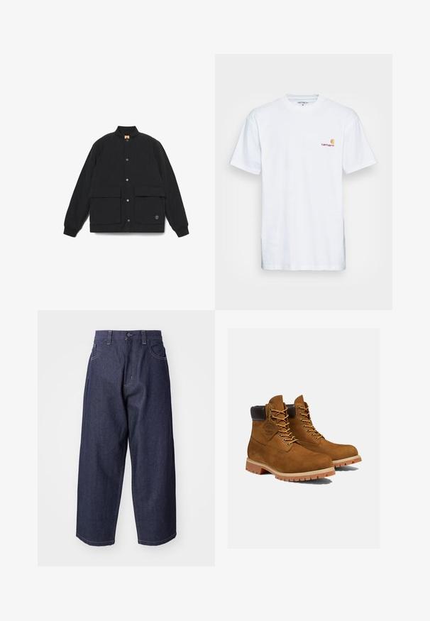 Chaqueta negra acolchada con cuello alzado, dos bolsillos frontales, cierre de botones a presión y puños acanalados. Presenta un logo en el dobladillo.; Camiseta de algodón blanca de manga corta. Diseñada con un pequeño logotipo naranja y marrón en el lado izquierdo del pecho. Presenta un cuello redondo clásico.; Jeans de mezclilla azul oscuro con un diseño suelto y de pierna ancha. Las características incluyen un cierre de botón, bolsillos frontales y acentos de costura visibles.; Botines de ante marrón con un cuello acolchado negro, ojales dorados y suela de goma gruesa con un patrón de tacos para mayor tracción.