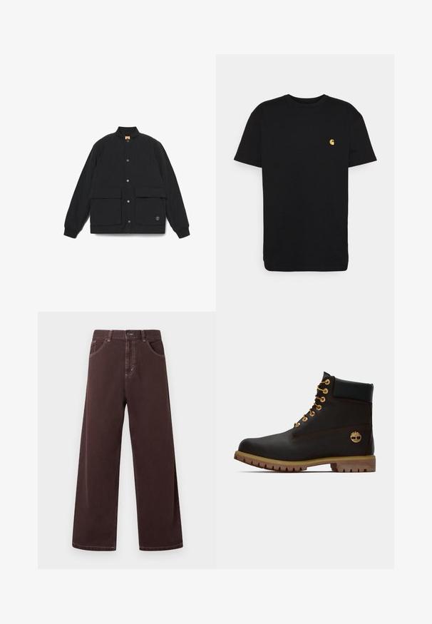 Schwarze gesteppte Jacke mit Stehkragen, zwei Fronttaschen, Druckknopfverschluss und gerippten Bündchen. Verfügt über ein Logo am Saum.; Schwarzes Baumwoll-T-Shirt mit kurzen Ärmeln, Rundhalsausschnitt und einem kleinen gelben Logo im linken Brustbereich. Einfaches Design und normale Passform.; Hoch taillierte, dunkle braune Hose mit weitem Bein, vorne mit Knopf und Reißverschluss, Seitentaschen und sichtbaren Nähten auf weißem Hintergrund.; Schwarze Leder-Ankle-Boots mit goldenen Ösen, braunen Akzenten und einer Gummisohle. Verfügt über einen gepolsterten Schaft und ein geprägtes Logo an der Seite.