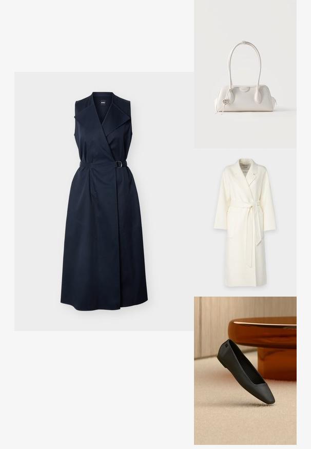 Manteau en laine blanche avec col châle, ceinture à nouer et poches latérales. Caractéristiques manches longues et finition texturée.; Robe portefeuille sans manches bleu marine avec col à revers large et taille ceinturée, longueur aux genoux, en tissu lisse.; Chaussure plate noire à bout pointu reposant sur un tapis beige près d'une table ronde de couleur ambre dans un décor minimaliste.; Petit sac à main en cuir blanc avec deux longues anses, un pendentif logo argenté et une fermeture éclair de chaque côté, posé sur un fond blanc uni.
