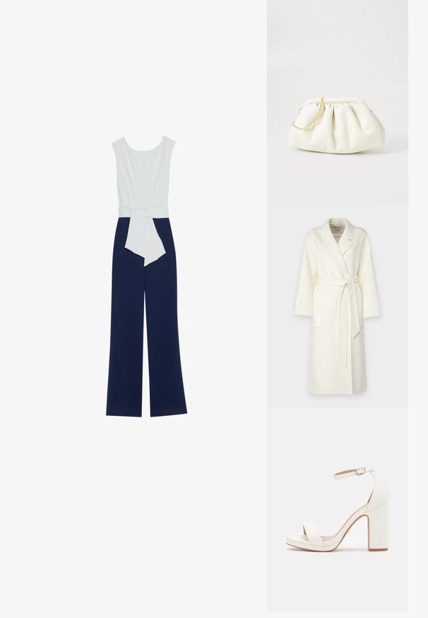 Manteau en laine blanche avec col châle, ceinture à nouer et poches latérales. Caractéristiques manches longues et finition texturée.; Combinaison bleu marine avec un bustier ajusté blanc, pantalon large et ceinture à la taille. Tissu lisse avec une silhouette épurée et un design minimaliste.; Sandale à talon haut blanche avec une bride de cheville, design minimaliste, bout ouvert, talon carré et texture en cuir lisse.; Sac à main en cuir blanc avec un design plissé, doté d'une bandoulière en chaîne dorée et d'une forme arrondie. Texture lisse avec des plis doux et sans motifs.