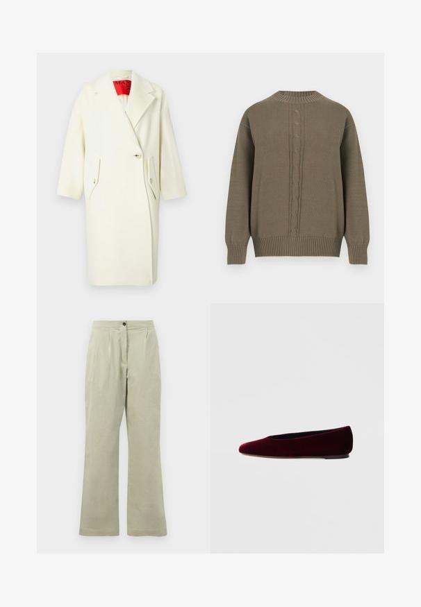 Manteau en mélange de laine couleur crème avec un large revers, une fermeture à un bouton et deux poches à rabat inclinées. Il présente des manches courtes et une étiquette intérieure rouge.; Pull en maille vert olive avec col rond, poignets et ourlet côtelés, présentant un motif torsadé central sur le devant.; Pantalons larges vert clair en tissu doux, dotés d'une fermeture à bouton à l'avant, de plis et d'un ourlet net.; Ballerines en velours bordeaux avec un bout arrondi et un talon bas, présentant une texture lisse et un design élégant.