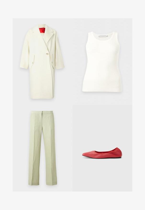 Manteau en mélange de laine couleur crème avec un large revers, une fermeture à un bouton et deux poches à rabat inclinées. Il présente des manches courtes et une étiquette intérieure rouge.; Débardeur blanc côtelé sans manches avec encolure ronde, coupe ajustée, et étiquette de la marque à l'intérieur du col arrière.; Pantalon vert clair à jambes droites avec plis à l'avant, taille avec bande et fermeture avant cachée, présenté sur un fond uni.; Filippa K REY FLATS - Ballerines - bright red
