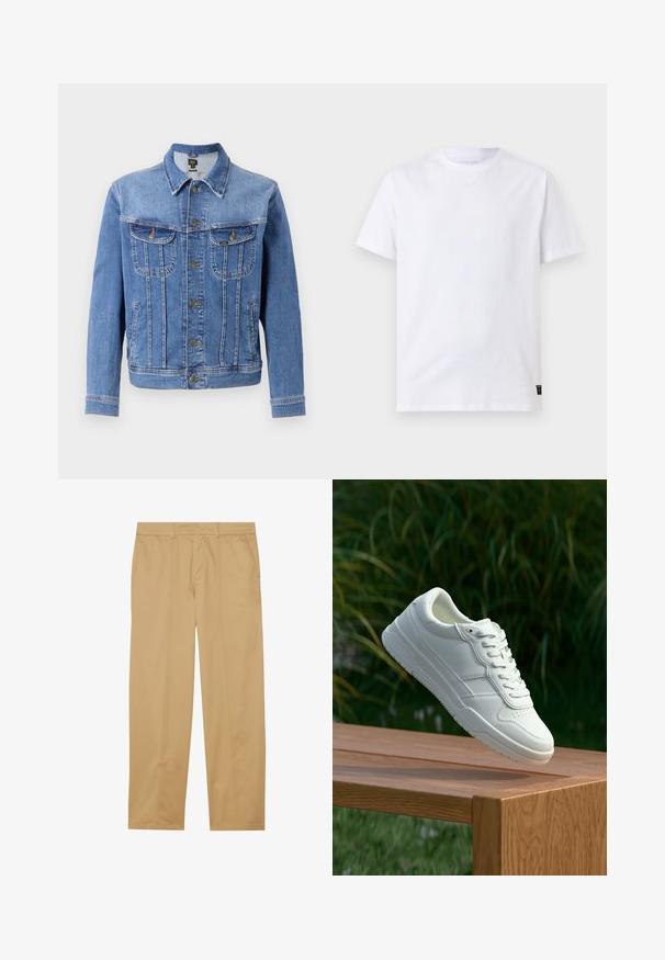 Veste en denim bleu clair avec fermeture à boutons, deux poches poitrine et deux poches latérales. Présente un col classique et une coupe droite.; T-shirt blanc uni à manches courtes et col rond, avec une petite étiquette noire d'entretien au bas de l'ourlet sur un fond gris clair.; Pantalons kaki en tissu lisse, avec une coupe droite, deux poches avant et des détails de couture épurés et minimaux.; Baskets en cuir blanc avec une texture lisse, présentant un design perforé, un laçage classique et une semelle en caoutchouc, positionnées au-dessus d'une surface en bois.