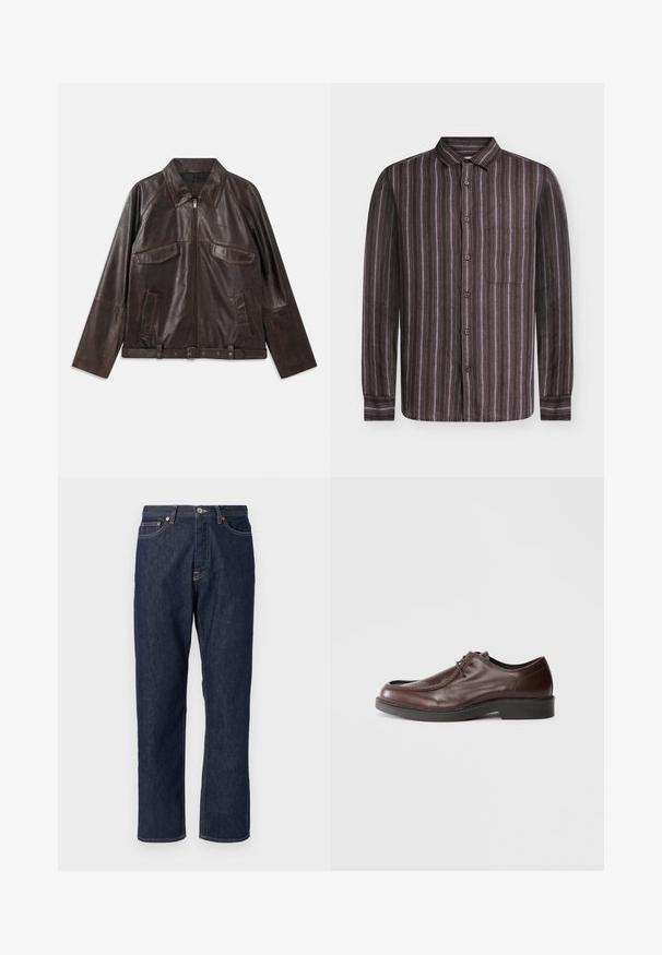 Chaqueta de cuero marrón oscuro con cremallera frontal, dos bolsillos de solapa en el pecho, dos bolsillos laterales, cuello, mangas largas y cinturilla ajustable.; Samsøe Samsøe RYAN - Camisa - regal orchid st.; Jeans de mezclilla azul oscuro con un diseño de pierna recta. Cuenta con un cierre de botón y cremallera, cinco bolsillos y detalles de costura en contraste.; Zapato de vestir de cuero marrón con punta redonda, acentos de costura mínimos y una suela negra resistente. Presenta un cierre con cordones y una textura suave.