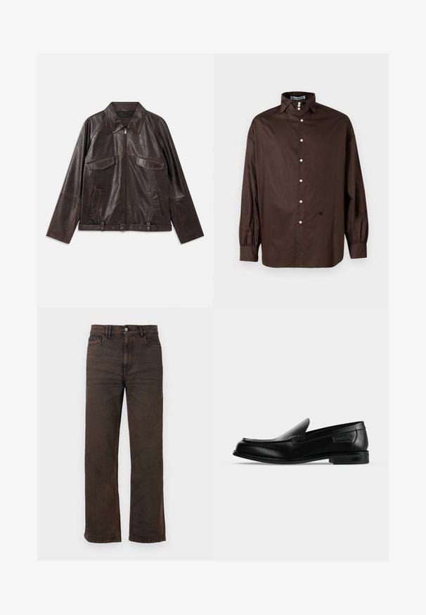Veste en cuir brun foncé avec fermeture éclair sur le devant, deux poches à rabat sur la poitrine, deux poches latérales, col, manches longues et ceinture réglable à la taille.; Chemise longue à manches marron en tissu lisse avec un col classique, fermeture à boutons sur le devant et poignets élastiqués ; présente un détail logo subtil.; Jean marron foncé droit avec poches avant, passants de ceinture et fermeture à boutons sur fond uni.; Mocassin noir en cuir à enfiler avec un petit talon, un bout arrondi et des surpiqûres décoratives le long du bord supérieur.