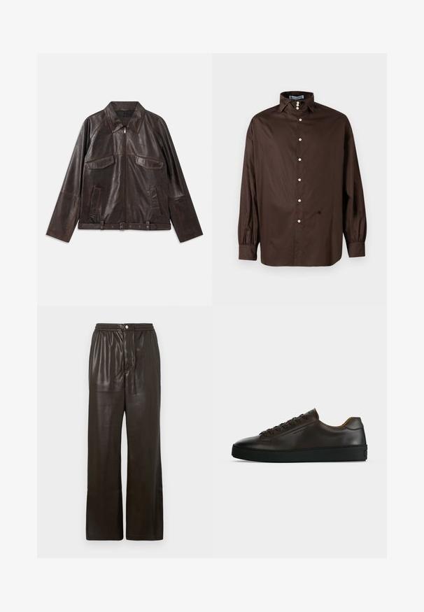 Chaqueta de cuero marrón oscuro con cremallera frontal, dos bolsillos de solapa en el pecho, dos bolsillos laterales, cuello, mangas largas y cinturilla ajustable.; Camisa de manga larga marrón en una tela suave con un cuello clásico, cierre frontal de botones y puños elastizados; presenta un detalle de logo sutil.; Pantalones de imitación cuero marrón oscuro con cintura elástica, cierre frontal de botón y piernas rectas anchas.; Zapatilla de perfil bajo de cuero marrón oscuro con suela de goma negra, cierre de cordones y diseño liso y minimalista sobre un fondo claro.