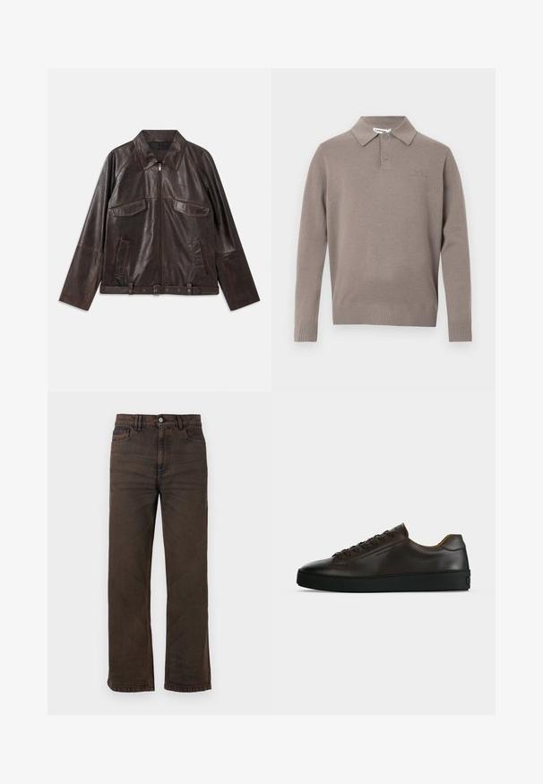 Dunkelbraune Lederjacke mit Frontreißverschluss, zwei Brustklappentaschen, zwei Seitentaschen, Kragen, langen Ärmeln und verstellbarem Taillengürtel.; Grauer gestrickter Poloshirt-Pullover mit Kragen, zwei Knöpfen und gerippten Bündchen sowie Saum, mit einem dezenten Logo auf der Brust.; Dunkelbraune Jeans mit geradem Bein, vorderen Taschen, Gürtelschlaufen und Knopfverschluss auf einfarbigem Hintergrund.; Flach geschnittener dunkelbrauner Ledersneaker mit schwarzer Gummisohle, Schnürung vorne und schlicht-minimalistischem Design auf hellem Hintergrund.