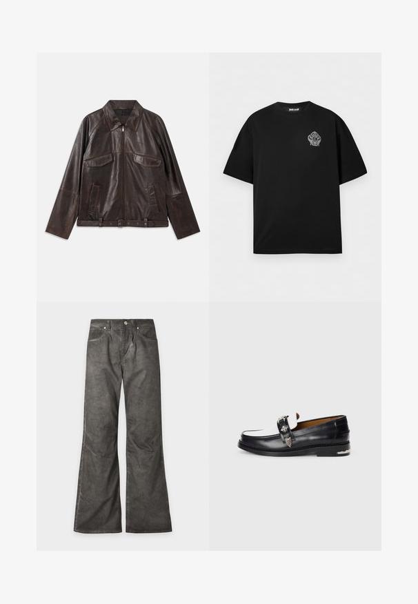 Chaqueta de cuero marrón oscuro con cremallera frontal, dos bolsillos de solapa en el pecho, dos bolsillos laterales, cuello, mangas largas y cinturilla ajustable.; Camiseta negra de manga corta con cuello redondo, con un pequeño emblema gris ornamentado en el pecho izquierdo y etiqueta "Just Cavalli" en el interior del cuello.; Pantalones de pierna ancha de color gris oscuro con bolsillos delanteros, cierre con botones y detalles de costuras visibles por todas partes.; Mocasines de cuero en blanco y negro con una hebilla ornamental plateada brillante, costura texturizada y una suela gruesa con un acento decorativo.