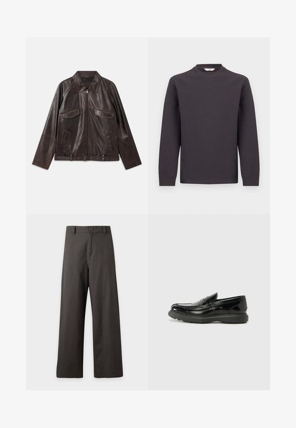 Veste en cuir brun foncé avec fermeture éclair sur le devant, deux poches à rabat sur la poitrine, deux poches latérales, col, manches longues et ceinture réglable à la taille.; Chemise à manches longues en maille gaufrée gris foncé avec encolure ronde et poignets côtelés, présentée sur un fond blanc.; Pantalon gris foncé à jambes larges avec fermeture par bouton et zip, passants pour ceinture, sans poches visibles.; Mocassin en cuir noir avec une finition brillante, bout arrondi, détails de couture subtils et semelle en caoutchouc épaisse pour la durabilité.