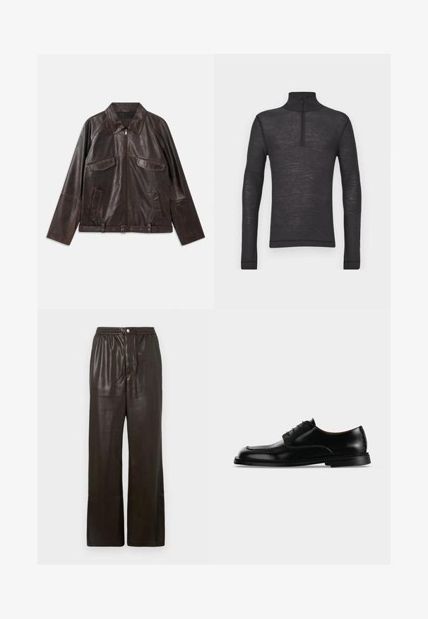 Dunkelbraune Lederjacke mit Frontreißverschluss, zwei Brustklappentaschen, zwei Seitentaschen, Kragen, langen Ärmeln und verstellbarem Taillengürtel.; Schwarzes Langarm-Turtleneck-Shirt aus einem strukturierten Stoff, mit einem Halbreißverschluss am Kragen und eng anliegenden Ärmeln.; Dunkelbraune Kunstlederhose mit elastischem Bund, Knopfverschluss vorne und breiten, geraden Beinen.; Schwarzer glänzender Lederschnürschuh mit dicker detaillierter Sohle, von der rechten Seite vor einfachem hellem Hintergrund dargestellt.