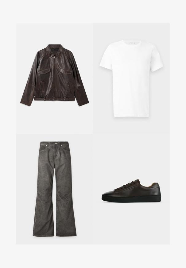 Veste en cuir brun foncé avec fermeture éclair sur le devant, deux poches à rabat sur la poitrine, deux poches latérales, col, manches longues et ceinture réglable à la taille.; T-shirt en coton blanc uni à manches courtes avec col rond, présenté à plat sur un fond gris clair.; Pantalon gris foncé à jambes larges avec poches avant, fermeture par bouton et coutures visibles sur toute la surface.; Baskets basses en cuir marron foncé avec semelle en caoutchouc noire, lacets à l'avant et design minimaliste épuré sur fond clair.
