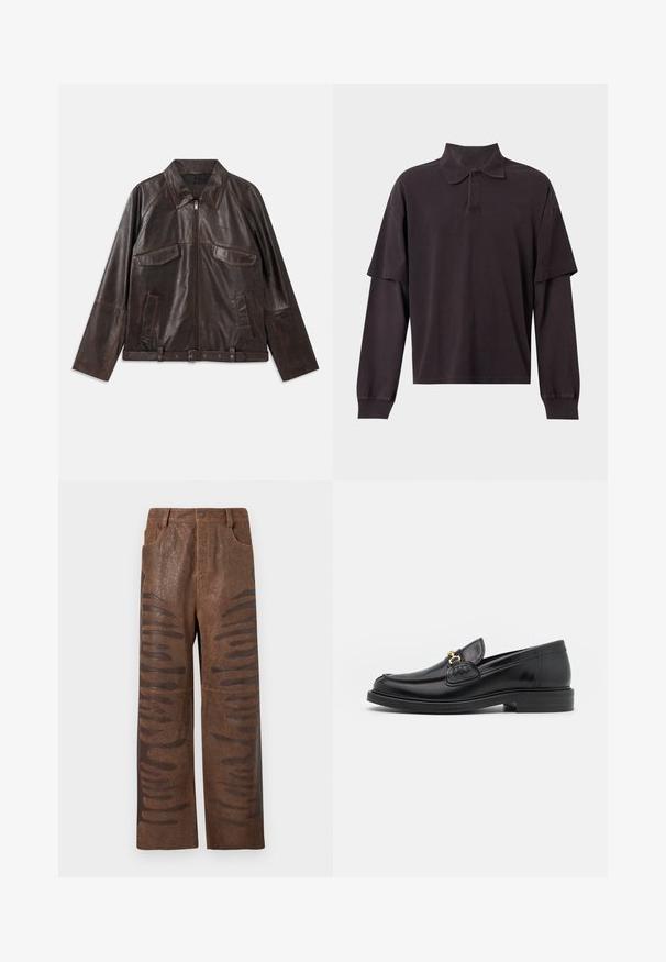 Dunkelbraune Lederjacke mit Frontreißverschluss, zwei Brustklappentaschen, zwei Seitentaschen, Kragen, langen Ärmeln und verstellbarem Taillengürtel.; Schwarzes Langarm-Poloshirt mit einem geschichteten Kurzarm-Detail und einem geknöpften Kragen auf einfachem Hintergrund.; Braune Kunstlederhosen mit strukturiertem Finish, die längliche horizontale Ausschnitte an den Seiten und ein gerades Bein-Design aufweisen.; Schwarze Lederleter mit einer abgerundeten Zehenpartie, ausgestattet mit goldenen Hardwareakzenten und Stichdetails, auf einer niedrigen, strukturierten Gummisohle.