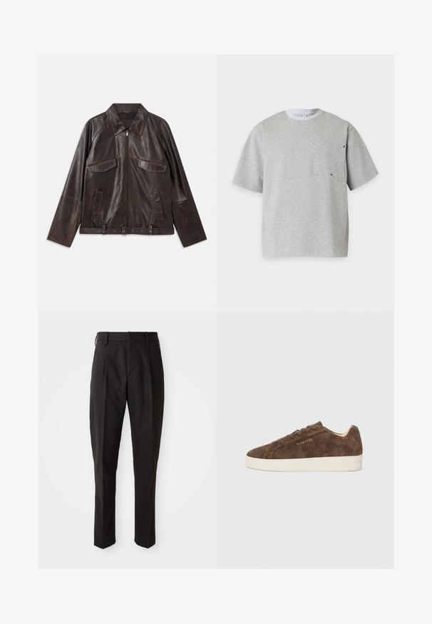 Chaqueta de cuero marrón oscuro con cremallera frontal, dos bolsillos de solapa en el pecho, dos bolsillos laterales, cuello, mangas largas y cinturilla ajustable.; Camiseta de manga corta gris claro con un cuello redondo blanco y un bolsillo en el pecho con pequeños ojales metálicos.; Pantalones de lana negra mezcla con corte recto, que cuentan con un frente plano, dos bolsillos laterales y una textura suave.; Zapatillas de ante marrón con un perfil bajo, punta redondeada y suela de goma blanca. Presenta cordones oscuros y un sutil logotipo en el lateral.