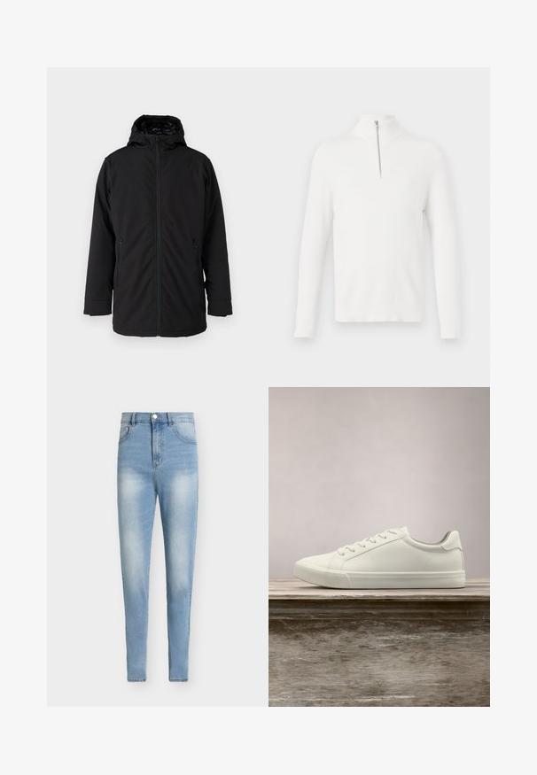 Chaqueta negra con capucha, con un cierre frontal, dos bolsillos laterales con cremallera y una textura de tela suave y mate. Presenta un interior forrado.; Pulóver blanco de punto acanalado con mangas largas y cuello alto. Presenta un detalle frontal con cremallera plateada. Textura suave y forma ajustada.; Vaqueros de tejido denim azul claro de tiro alto. Corte entallado con detalles desteñidos, cinco bolsillos y cierre de botón metálico.; Zapatilla blanca con cordones flotando sobre un banco de madera con follaje verde al fondo, mostrando el diseño y la textura del zapato.