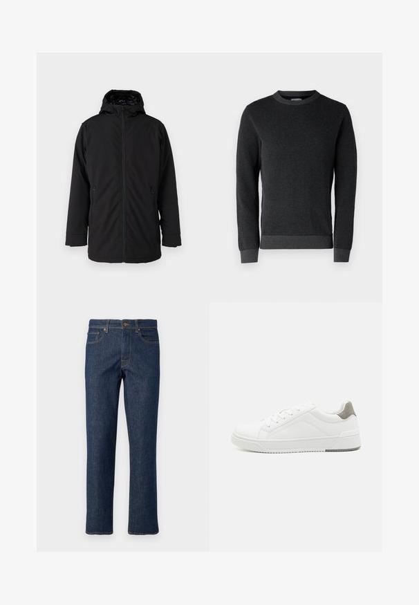Chaqueta negra con capucha, con un cierre frontal, dos bolsillos laterales con cremallera y una textura de tela suave y mate. Presenta un interior forrado.; Suéter de punto gris oscuro con una superficie texturizada, cuello redondo y puños y dobladillo acanalados. Presenta mangas largas y un ajuste clásico.; Jeans de mezclilla azul oscuro con corte recto, que cuentan con un cierre de botón, cinco bolsillos y detalles de costura en contraste.; Zapatilla blanca con material de cuero liso, punta redonda, diseño minimalista, acento gris en el talón y suela de goma texturizada.