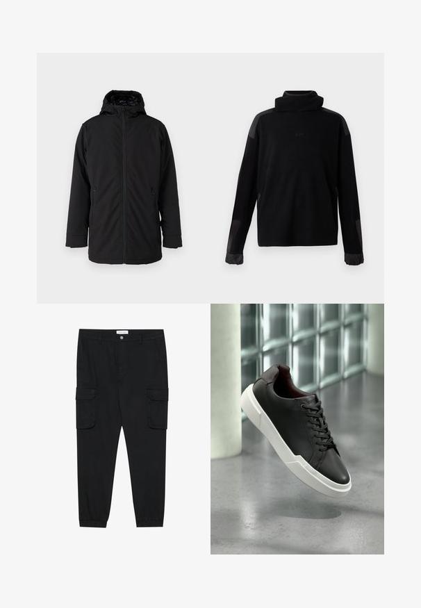Schwarze Kapuzenjacke mit einem Reißverschluss auf der Vorderseite, zwei seitlichen Reißverschlusstaschen und einer glatten, matten Stoffoberfläche. Besitzt ein gefüttertes Innenfutter.; Schwarzer Pullover mit langen Ärmeln, hohem Kragen, elastischen Bündchen und glatten Stoffflicken auf den Schultern und Ärmeln.; Schwarze Cargo-Hose mit geradem Bein, elastischen Bündchen und mehreren Seitentaschen. Hergestellt aus strukturiertem Stoff mit einem Knopfverschluss.; Schwarzer Ledersneaker mit weißer, dicker Sohle und schwarzen Schnürsenkeln, schwebt über einem grauen Betonboden in der Nähe einer Glasbausteinwand.